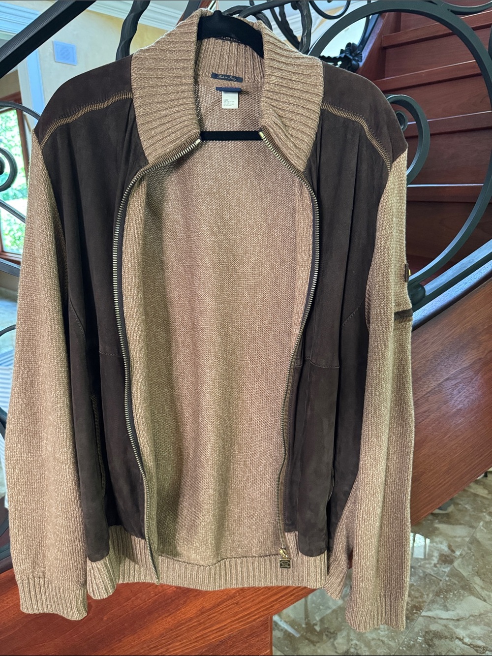 Paul & Shark Brown Knit Zip-Up Sweater with Dark Suede Panels